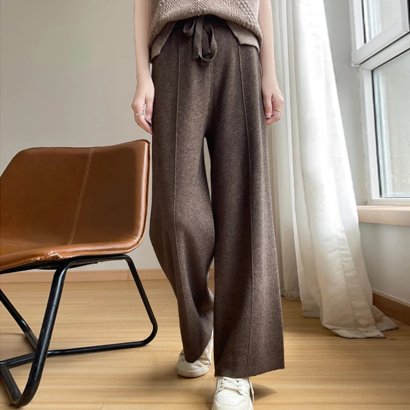 Isla Wool Wide-Leg Knit Trousers | Drawstring Waist Casual Trousers