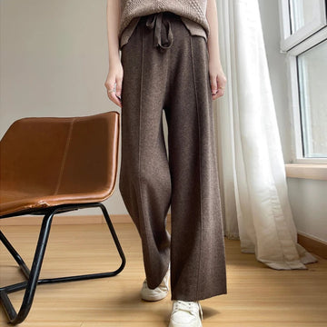 Isla Wool Wide-Leg Knit Trousers | Drawstring Waist Casual Trousers