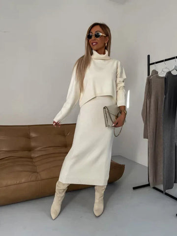 Dame Strik Sæt - Turtleneck Sweater & Midi Nederdel - Blød og Elegant Pasform