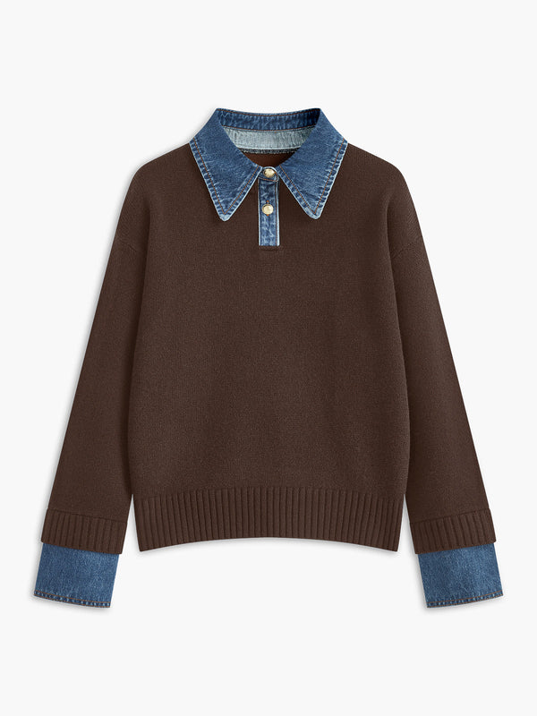 Denim Collar Layered Look Wool Sweater