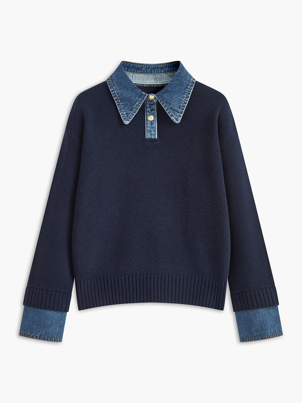 Denim Collar Layered Look Wool Sweater