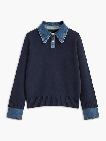 Denim Collar Layered Look Wool Sweater