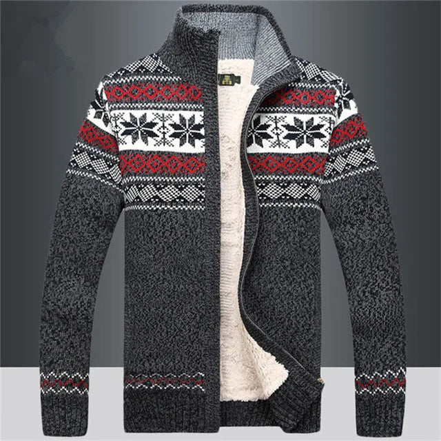 Men’s Sweater - Wool - Full Zip - Sherpa Lined - Fair Isle Jacquard - Stand-Up Collar