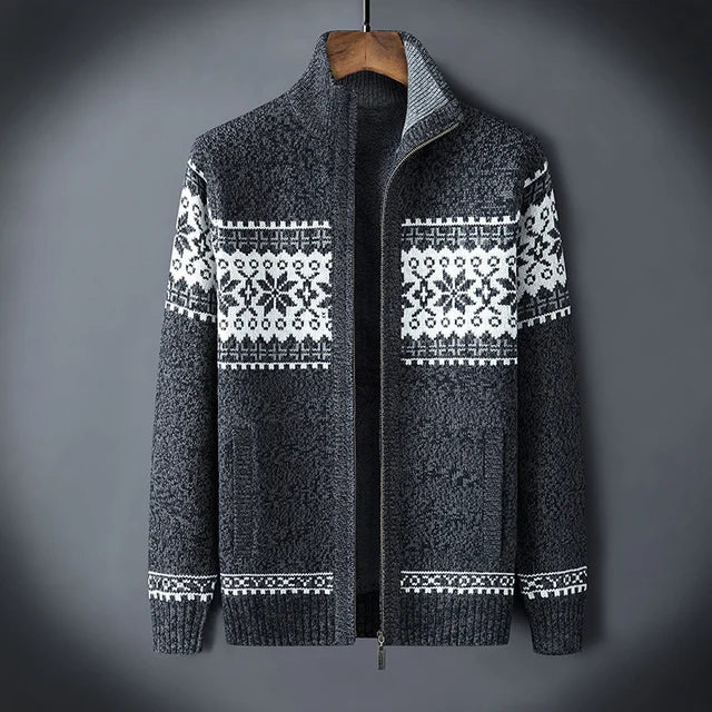 Men’s Sweater - Wool - Full Zip - Sherpa Lined - Fair Isle Jacquard - Stand-Up Collar