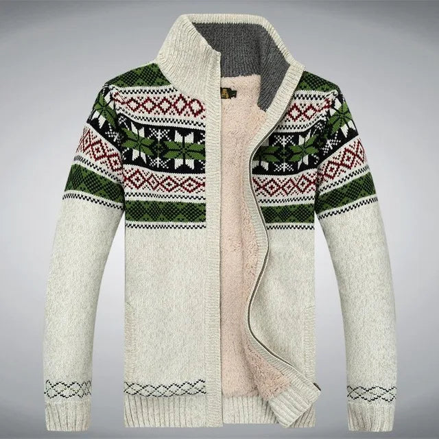 Men’s Sweater - Wool - Full Zip - Sherpa Lined - Fair Isle Jacquard - Stand-Up Collar