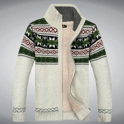 Men’s Sweater - Wool - Full Zip - Sherpa Lined - Fair Isle Jacquard - Stand-Up Collar
