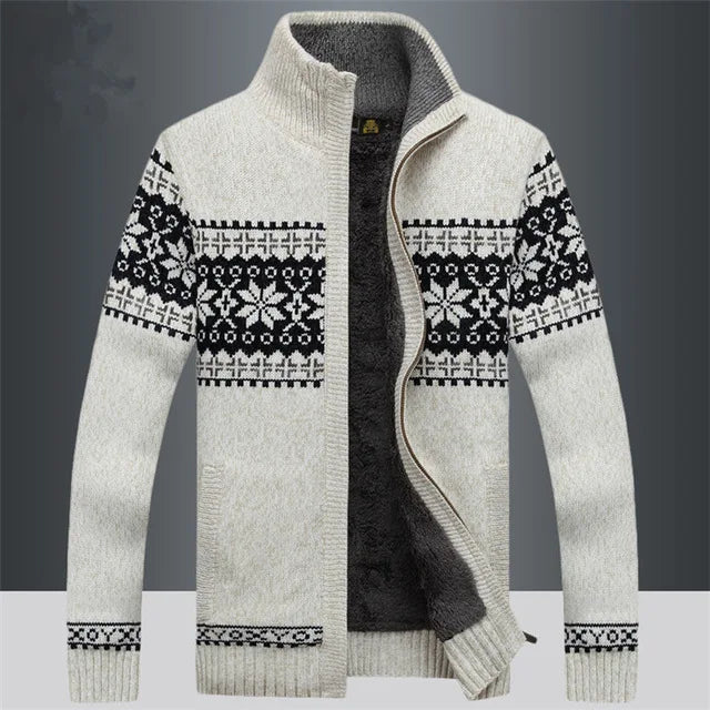 Men’s Sweater - Wool - Full Zip - Sherpa Lined - Fair Isle Jacquard - Stand-Up Collar