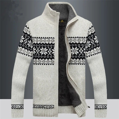 Men’s Sweater - Wool - Full Zip - Sherpa Lined - Fair Isle Jacquard - Stand-Up Collar