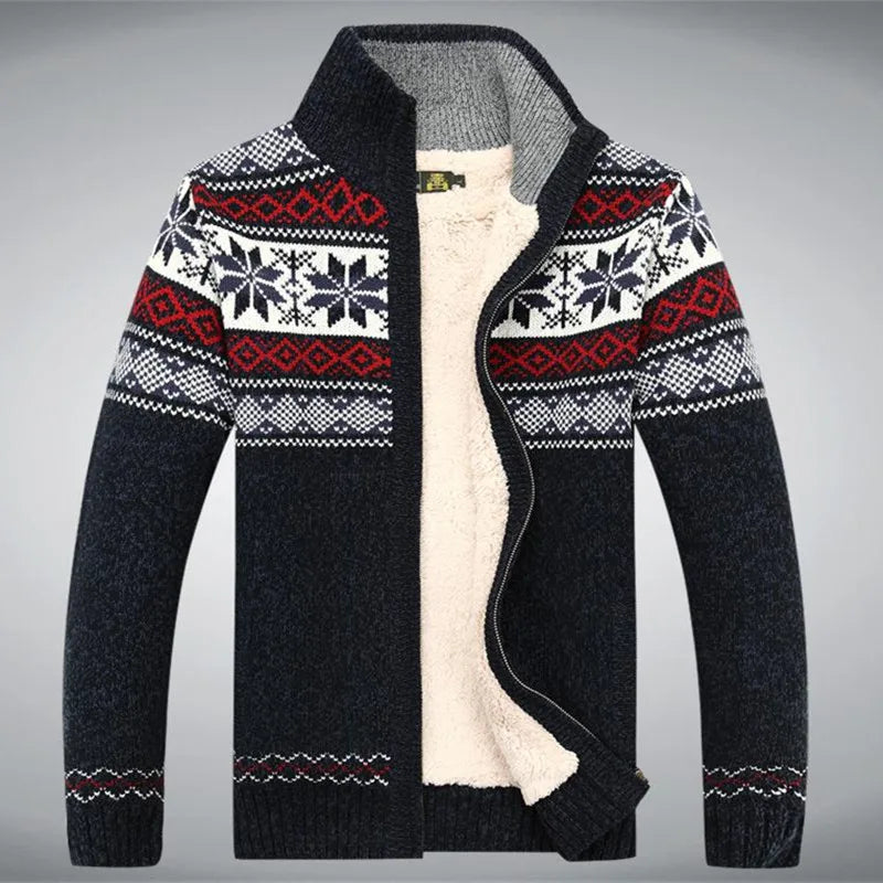 Men’s Sweater - Wool - Full Zip - Sherpa Lined - Fair Isle Jacquard - Stand-Up Collar