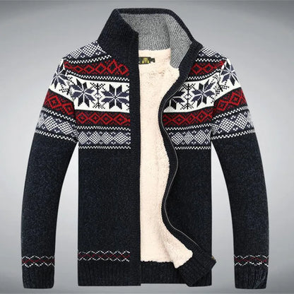 Men’s Sweater - Wool - Full Zip - Sherpa Lined - Fair Isle Jacquard - Stand-Up Collar