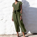 Women's Jumpsuit - Button Closure - Adjustable Waistband - Cropped Legs - Light and Breathable