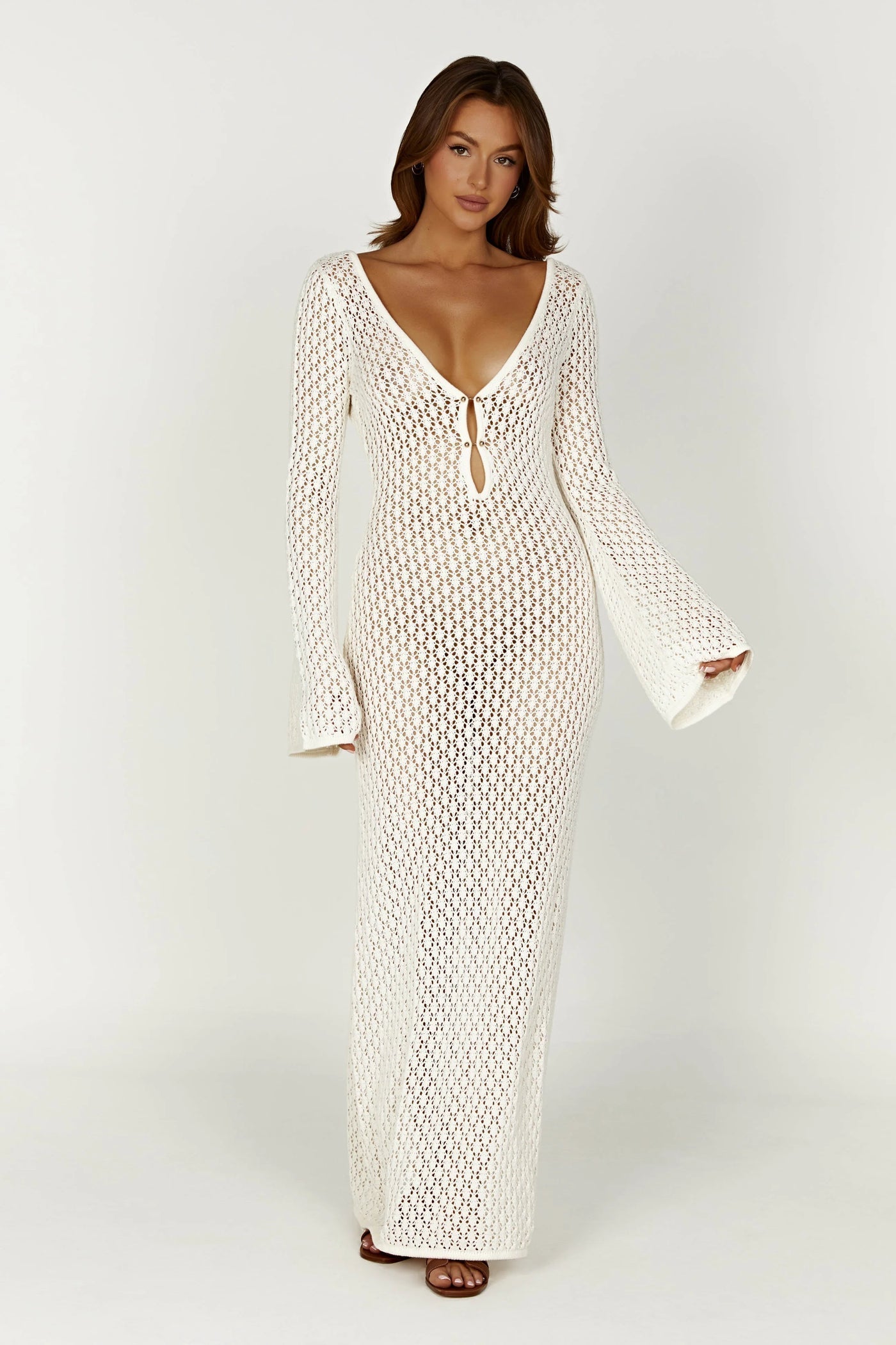 Women's Maxi Dress - Crochet Knit - V-Neck - Long Sleeves - Bohemian Elegant Look