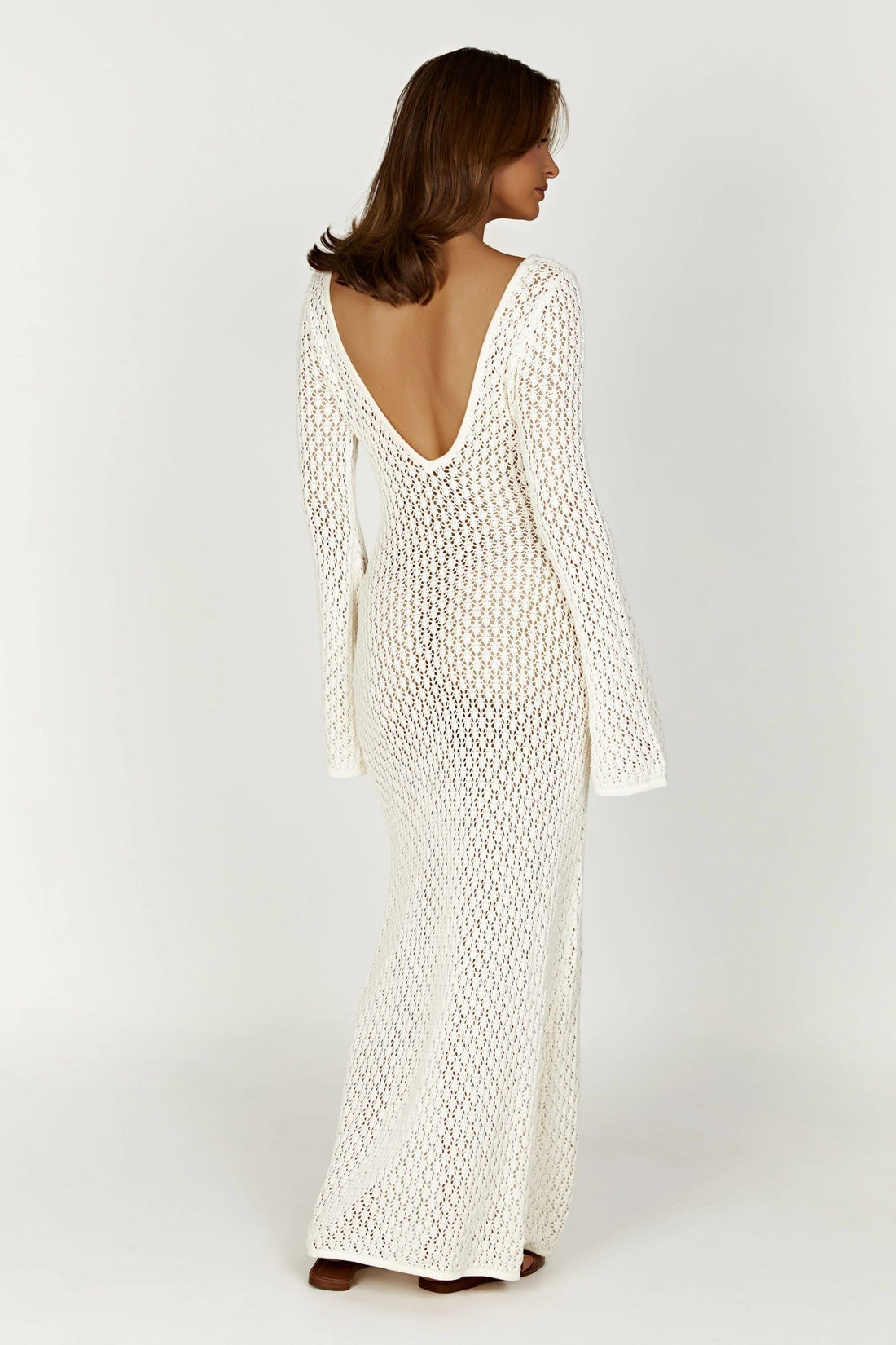 Crochet Knit Long Sleeve V-Neck Maxi Dress