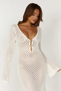 Women's Maxi Dress - Crochet Knit - V-Neck - Long Sleeves - Bohemian Elegant Look