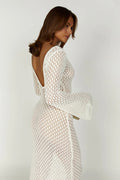 Women's Maxi Dress - Crochet Knit - V-Neck - Long Sleeves - Bohemian Elegant Look