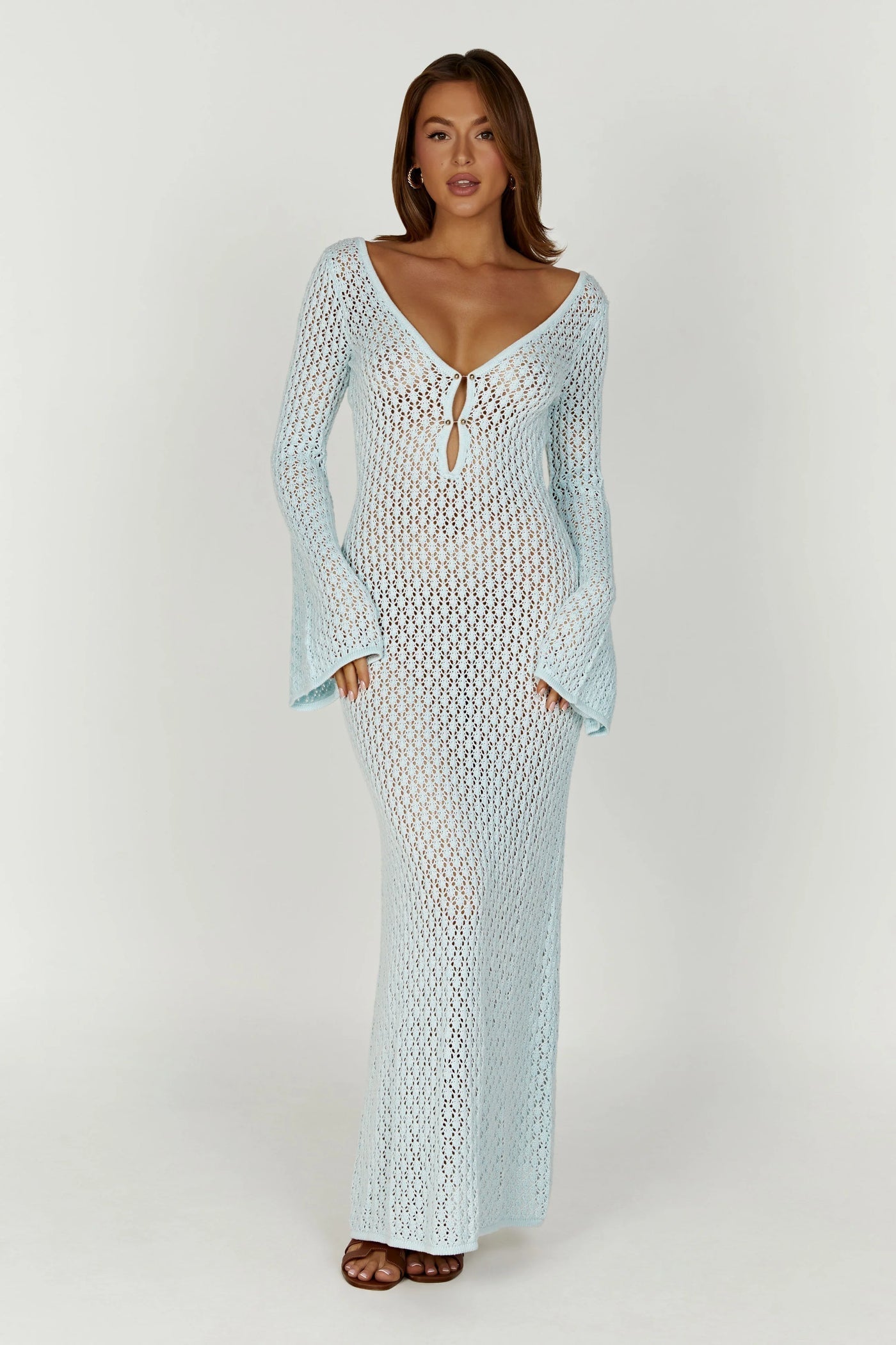 Women's Maxi Dress - Crochet Knit - V-Neck - Long Sleeves - Bohemian Elegant Look