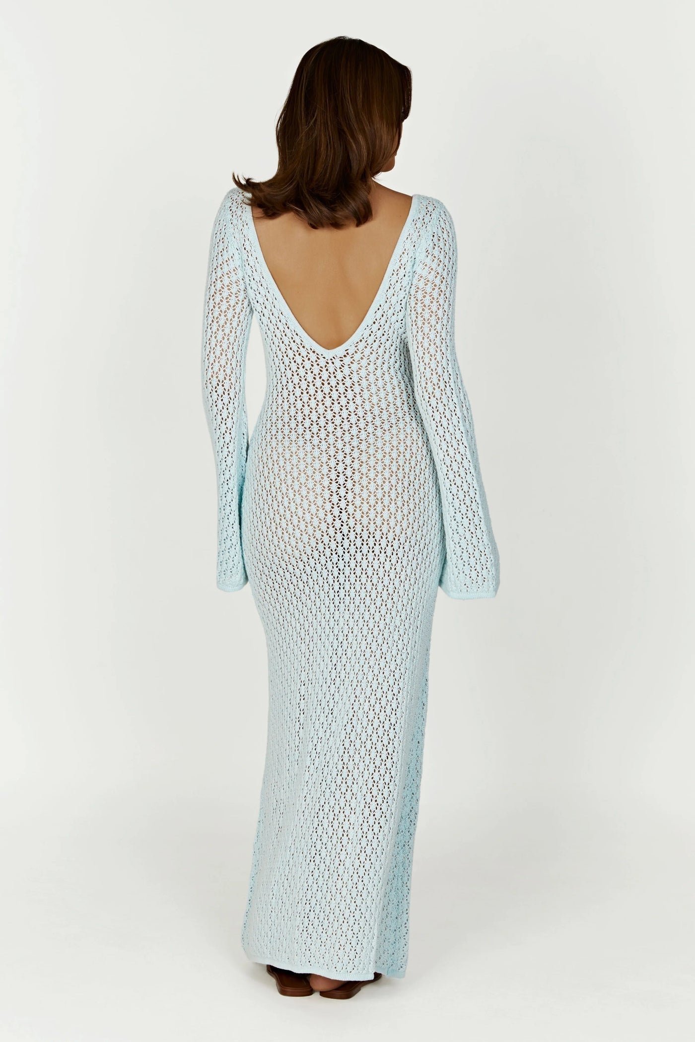 Women's Maxi Dress - Crochet Knit - V-Neck - Long Sleeves - Bohemian Elegant Look