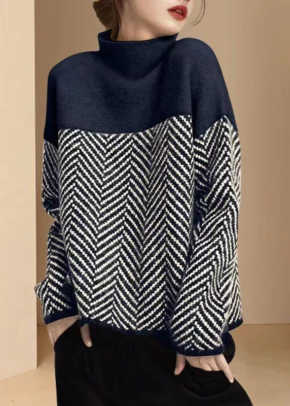 Herringbone Wool Relaxed Fit Turtleneck Sweater