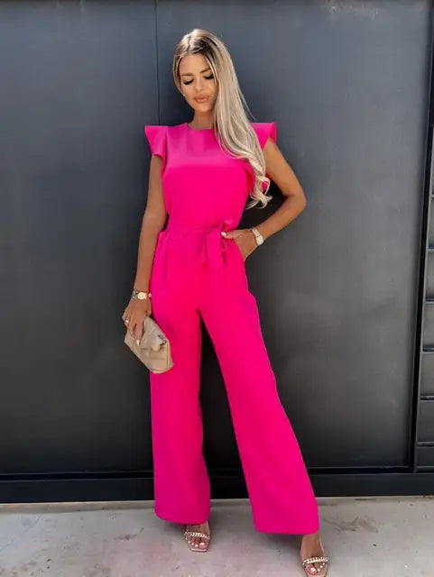 Women's Jumpsuit - Sleeveless with Ruffle Details - Belt at Waist - Elegant Wide Fit