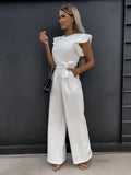 Women's Jumpsuit - Sleeveless with Ruffle Details - Belt at Waist - Elegant Wide Fit