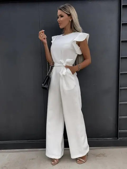 Women's Jumpsuit - Sleeveless with Ruffle Details - Belt at Waist - Elegant Wide Fit