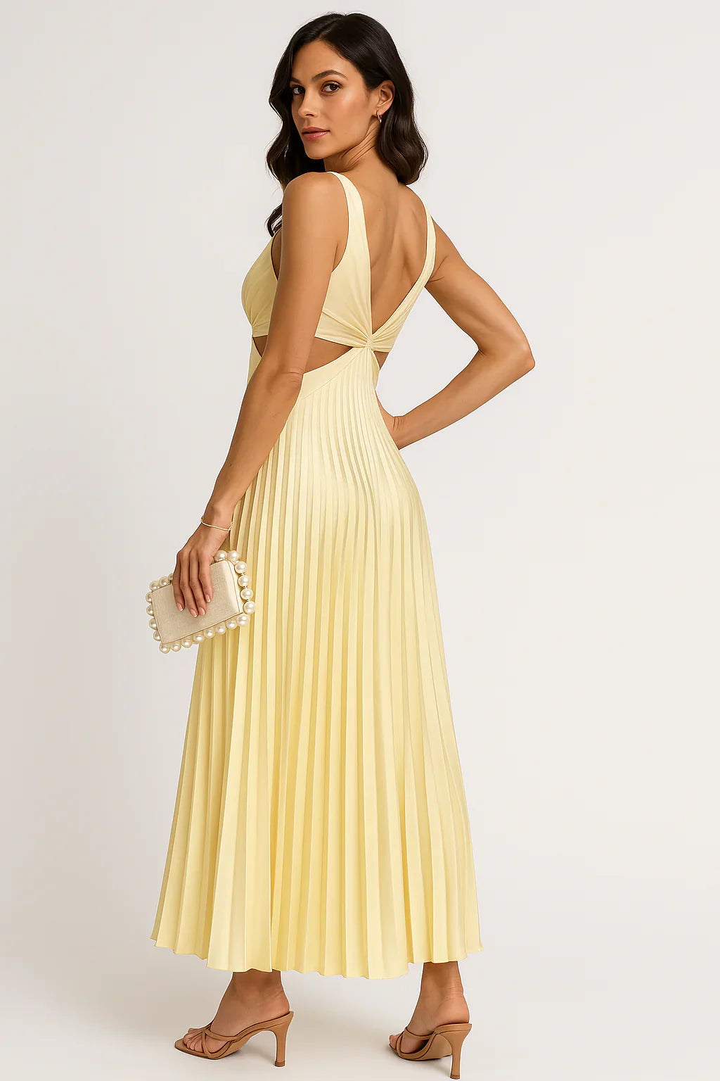 Women's Midi Dress – Pleated A-line – Open Back – Light Chiffon-like Fabric