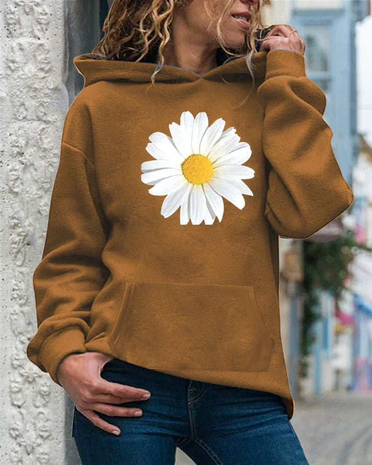 Daisy Print Soft Fleece Hooded Sweatshirt
