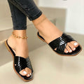Women's Sandals – Lacquer Finish – Cross-Closed Straps – Open Toe Slip-On Comfort