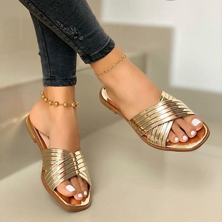 Lacquer Finish Cross-Strap Slip-On Sandals