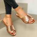 Women's Sandals – Lacquer Finish – Cross-Closed Straps – Open Toe Slip-On Comfort
