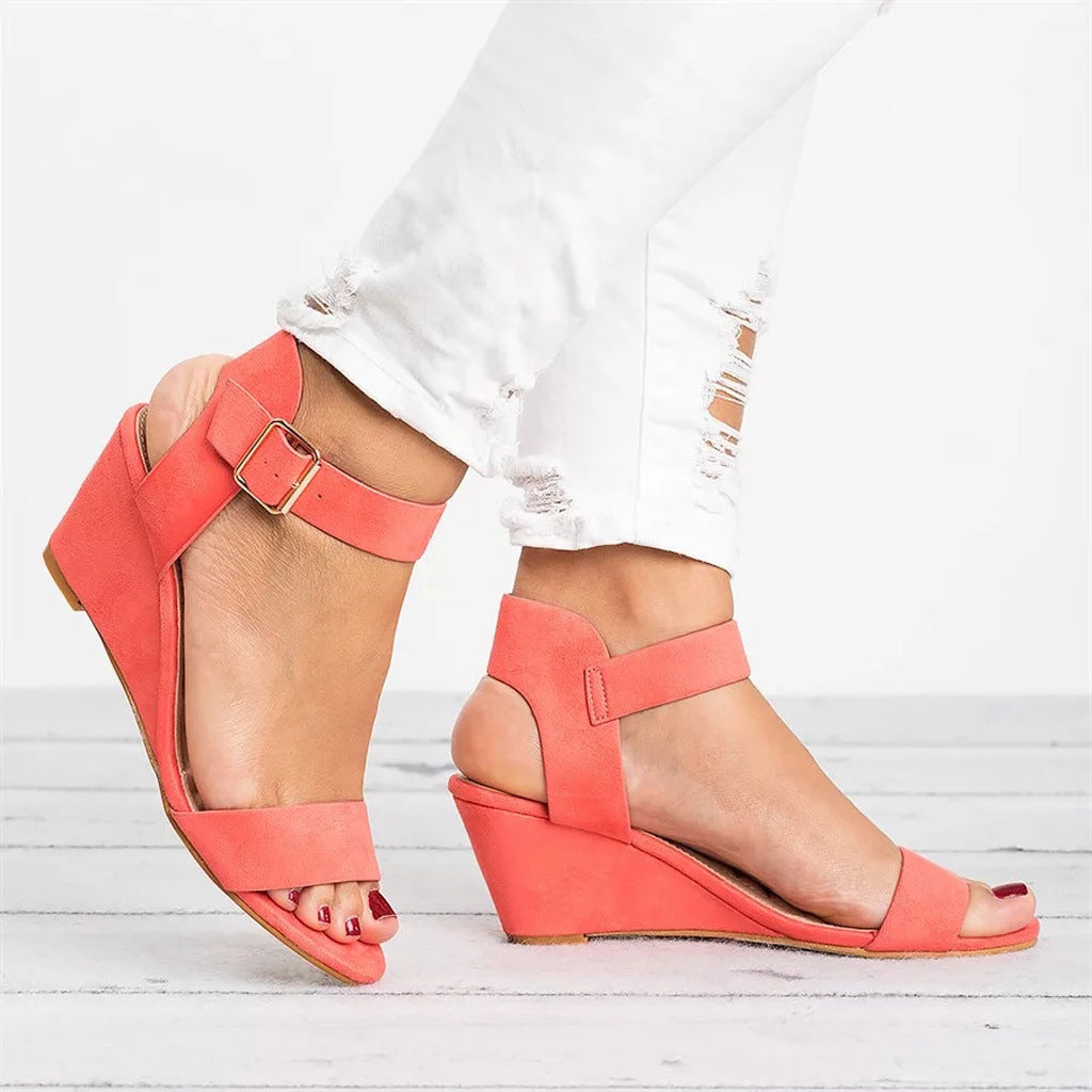 Women's sandals with wedge heel – Open toe – Adjustable ankle strap – Soft faux leather – Comfort fit