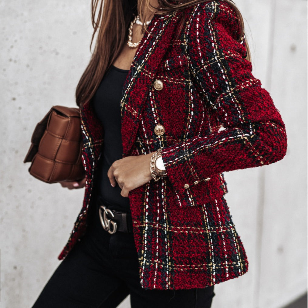 Tailored Tweed Plaid Double-Breasted Suit Jacket