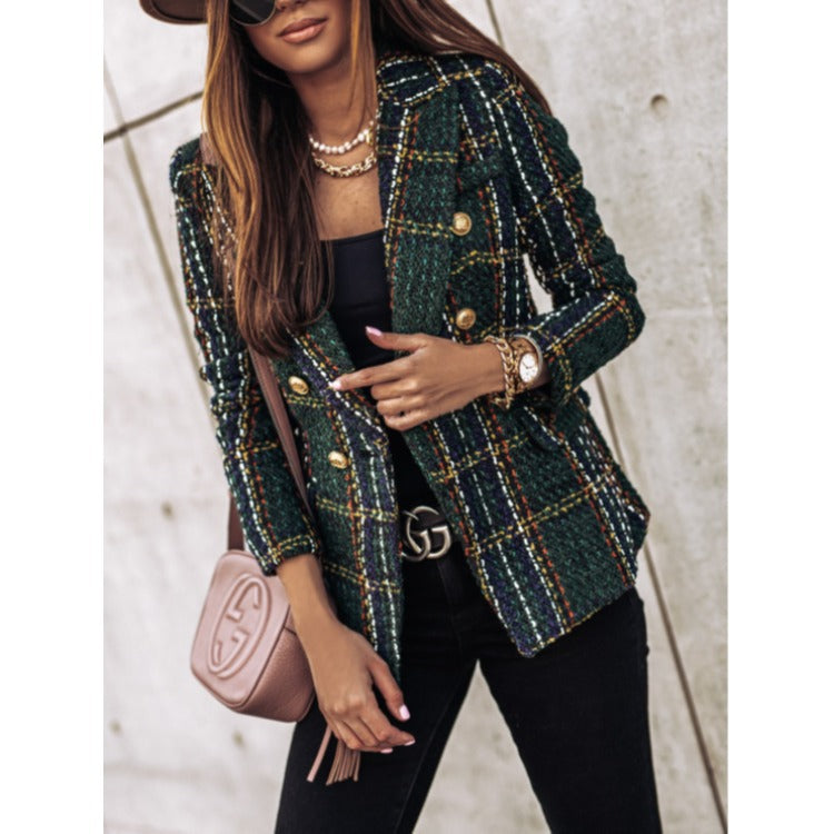 Tailored Tweed Plaid Double-Breasted Suit Jacket