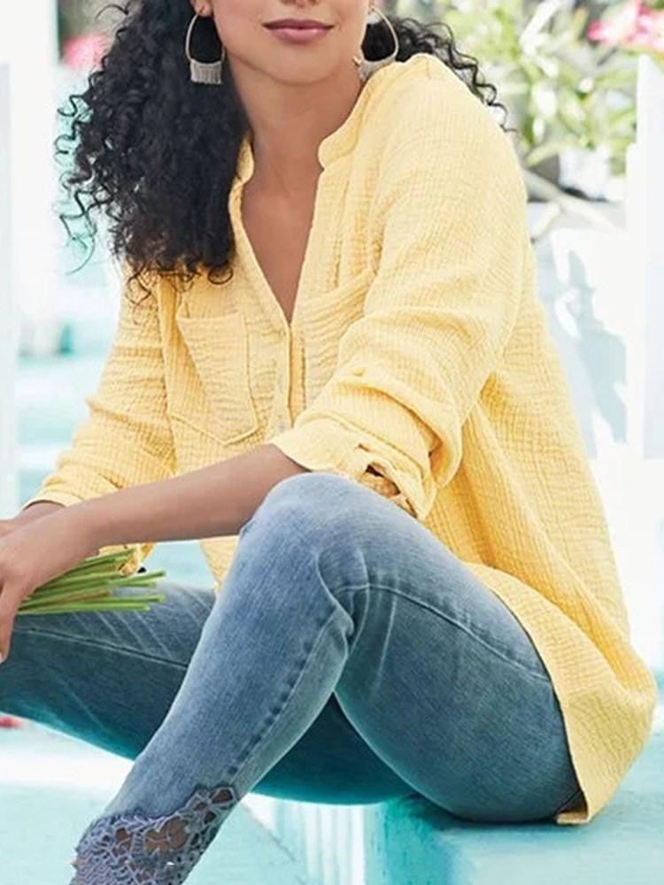 Women's Blouse – Relaxed Fit – Soft Textured – Long Sleeves – Chest Pockets