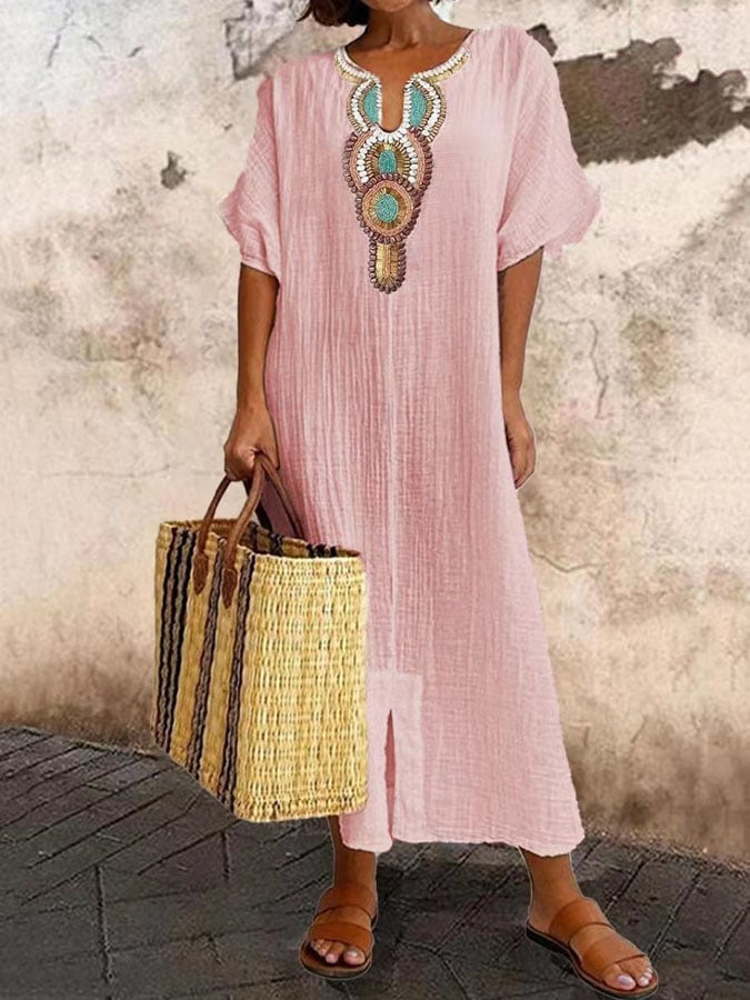 Embroidered Crinkled Cotton Kaftan Dress