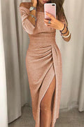 Women's Evening Dress - Off-Shoulder - Fitted - High Slit - Shiny Finish