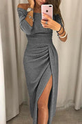 Women's Evening Dress - Off-Shoulder - Fitted - High Slit - Shiny Finish