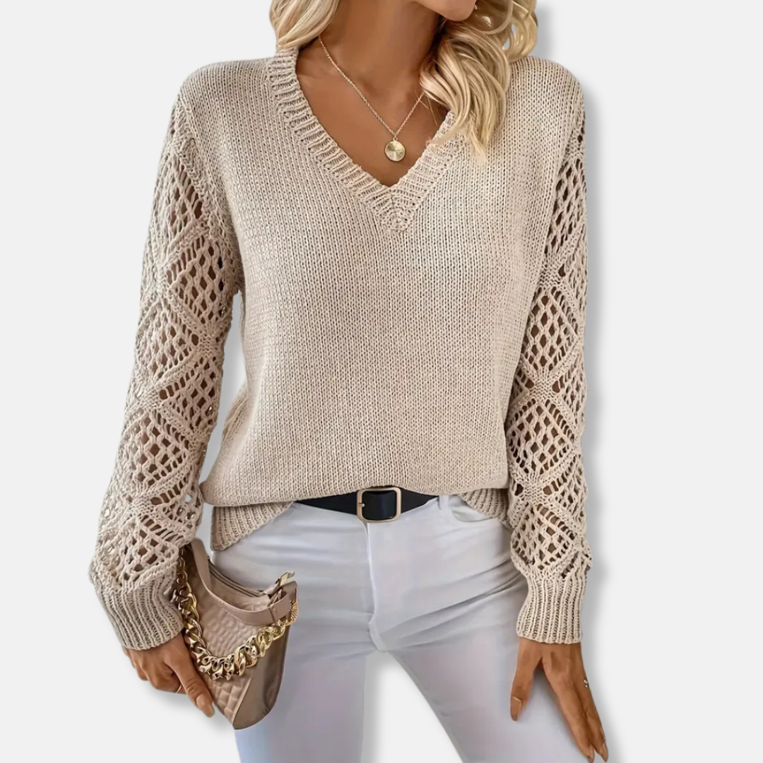 Open-Knit Sleeve Relaxed V-Neck Sweater