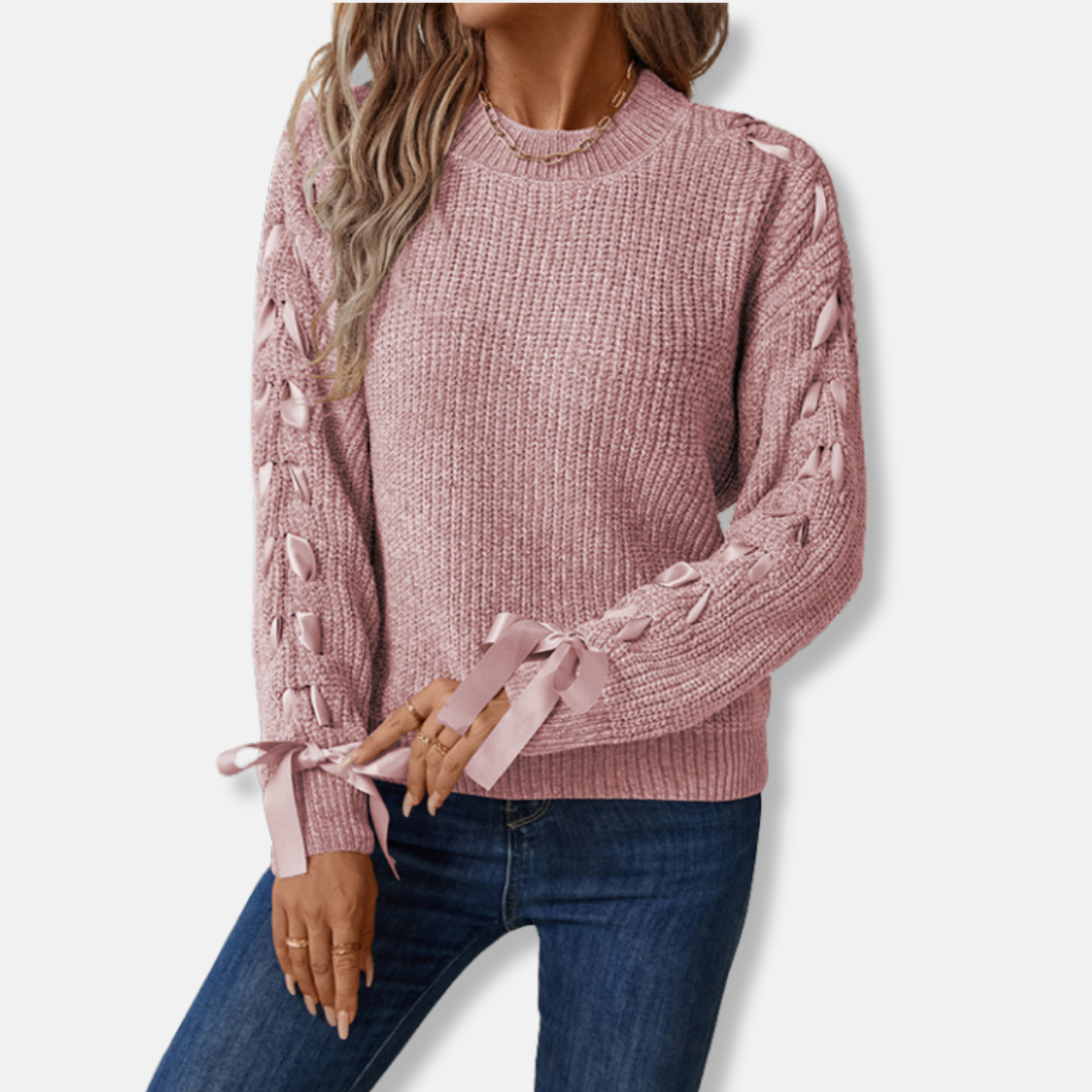 Relaxed Fit Soft Knit Lace-Up Pullover Sweater