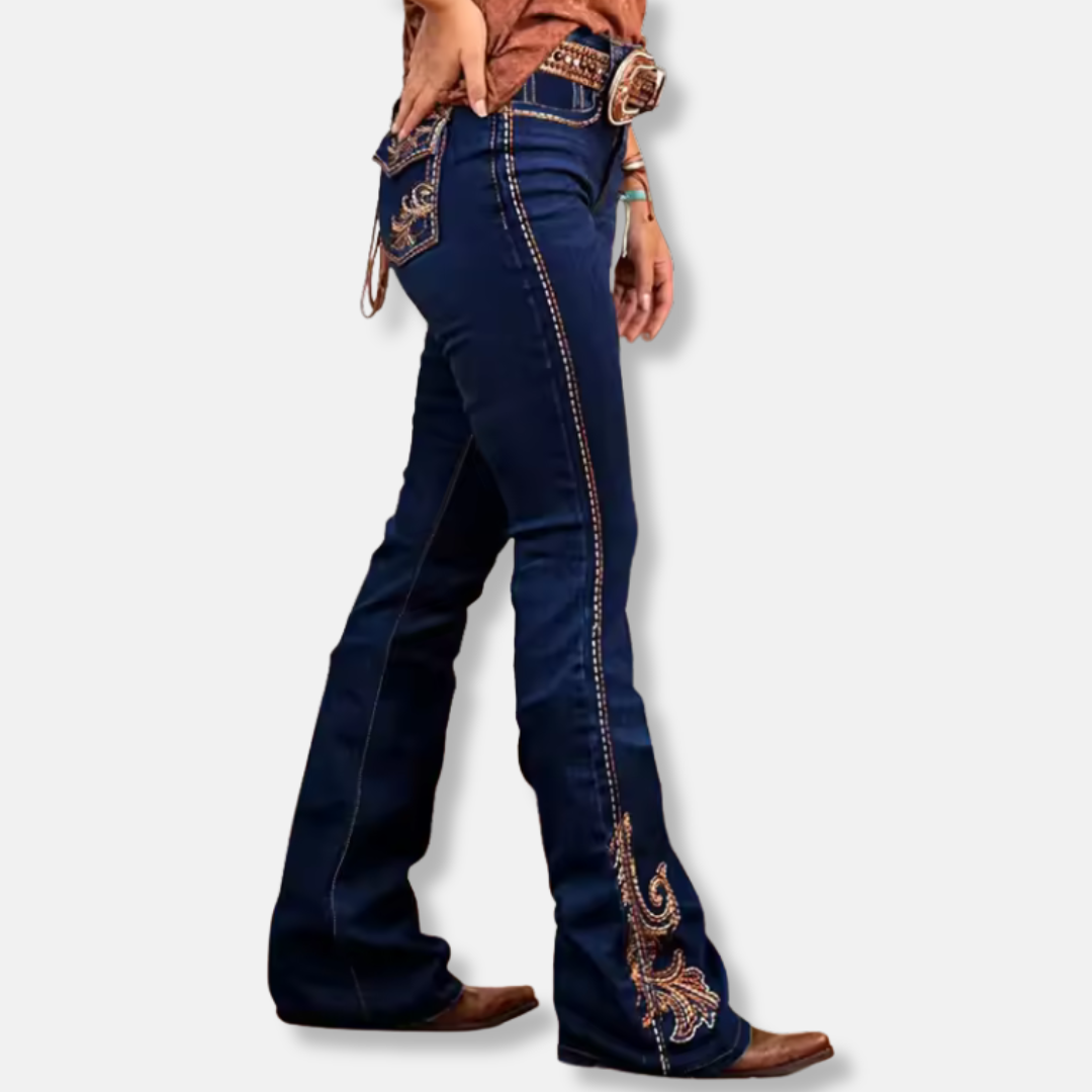 Ornate Embroidered Cotton Blend Bootcut Jeans