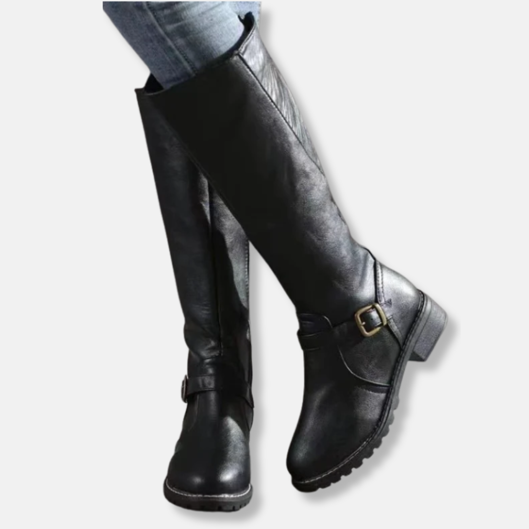 Faux Leather Knee-High Low Block Heel Boots