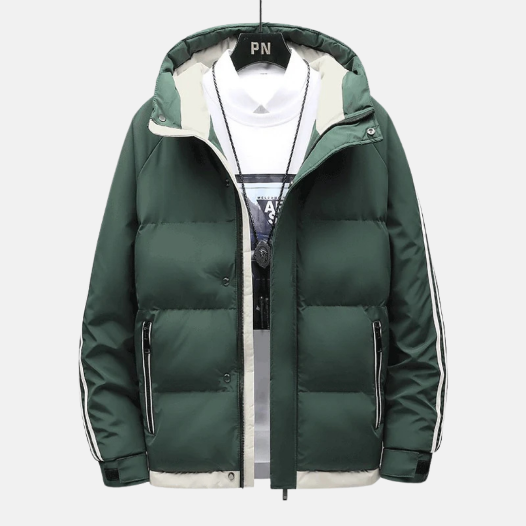 Woven Blend Hip Length Fixed Hood Puffer Jacket