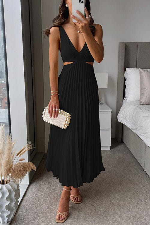 Women's Midi Dress – Pleated A-line – Open Back – Light Chiffon-like Fabric