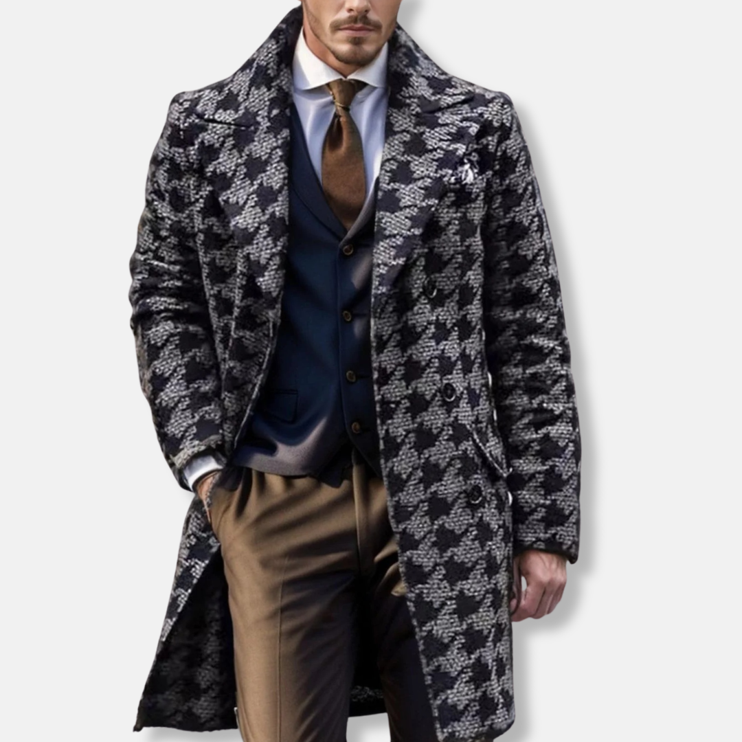 Tailored Geometric Pattern Wool Blend Trench Coat