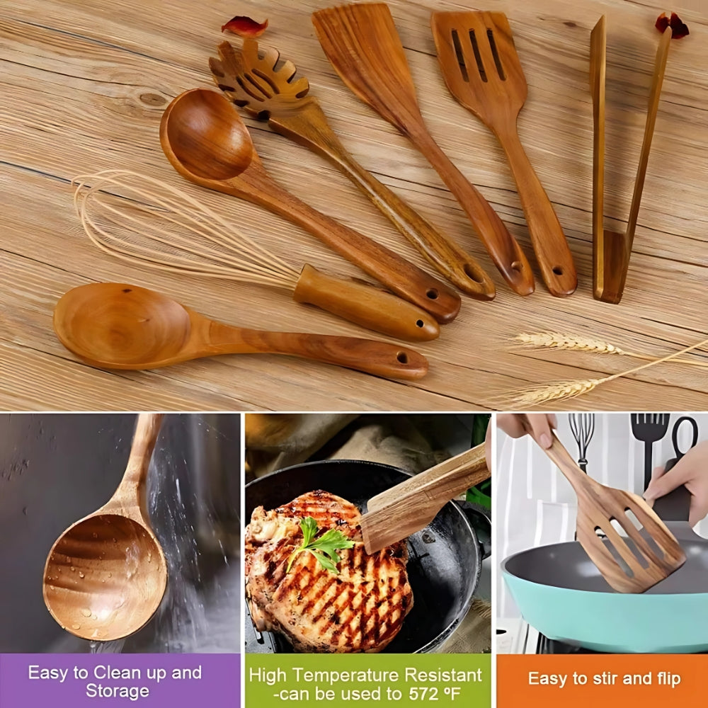 Solid Wood Cooking Utensil Set With Whisk