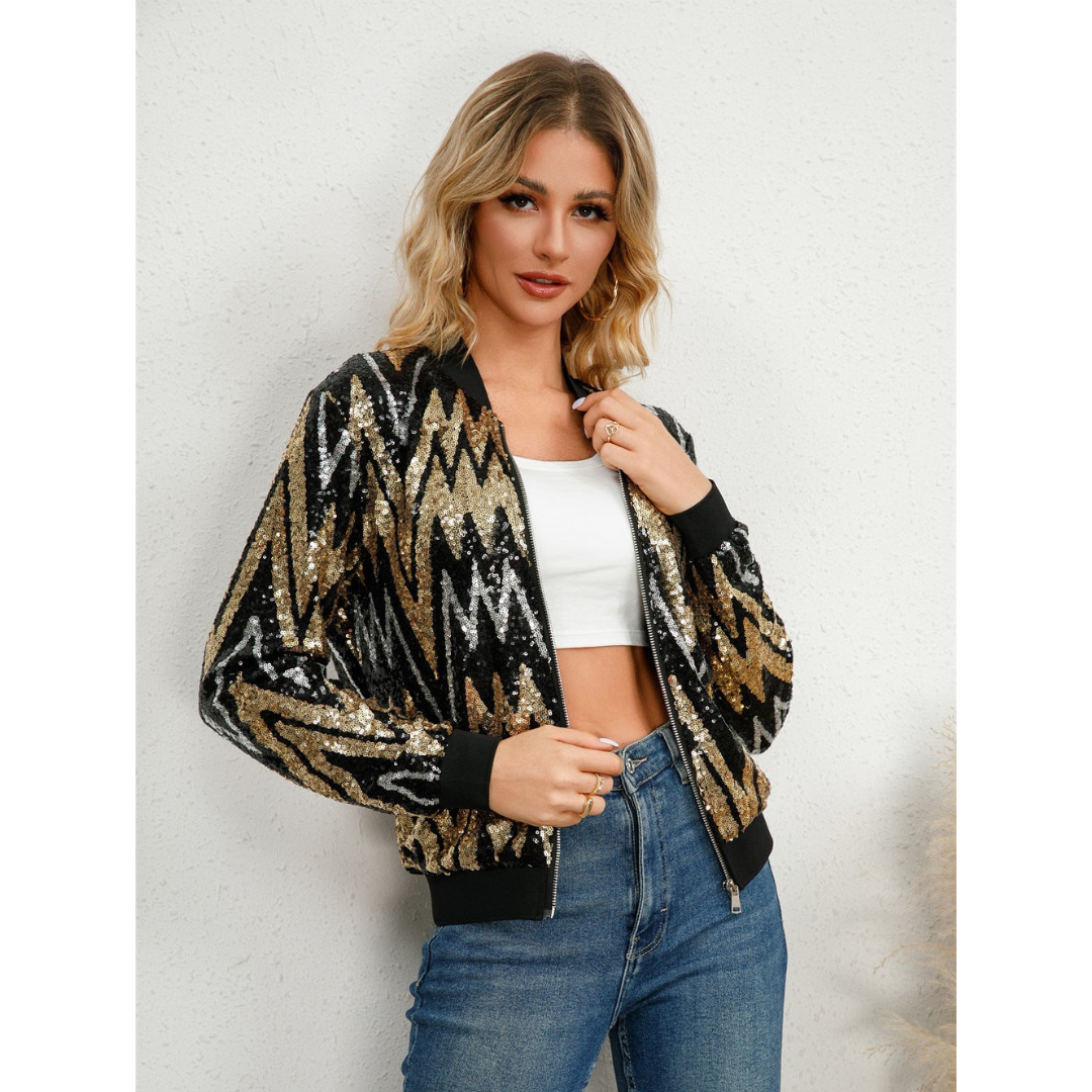 Sequin Zigzag Ribbed Trim Bomber Jacket