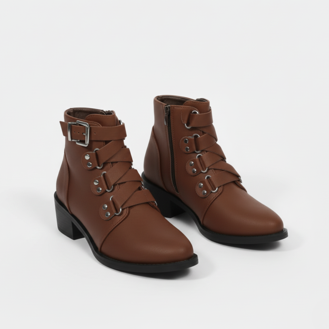 Faux Leather Buckle Strap Ankle Boots