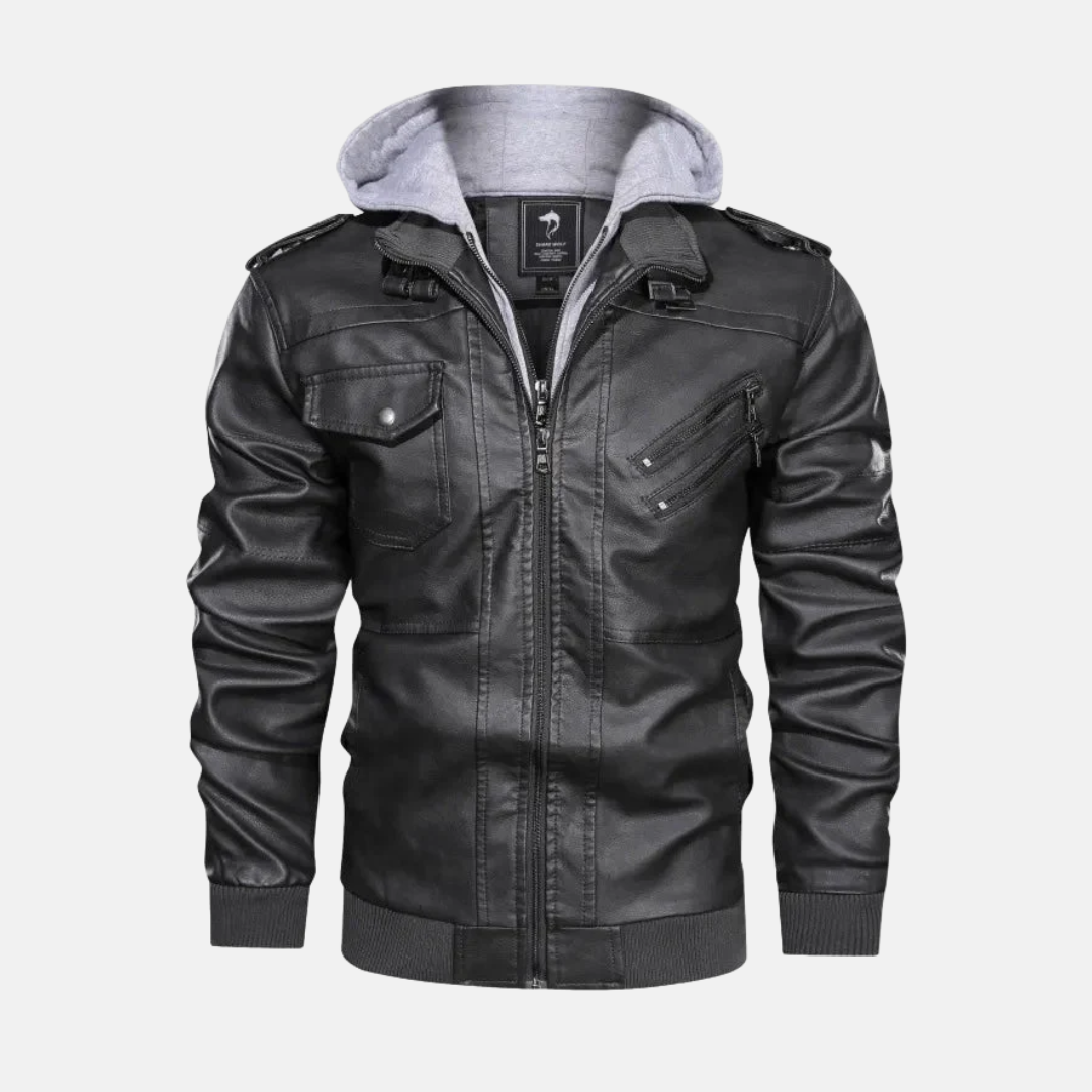Detachable Hood Structured Fit Leather Jacket