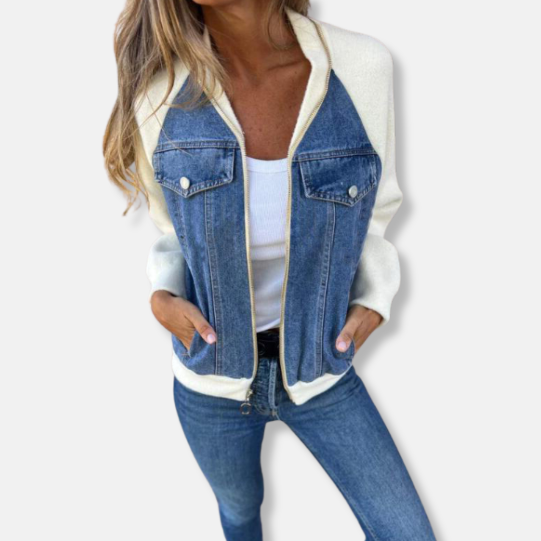 Wool Blend Denim Panel Bomber Jacket
