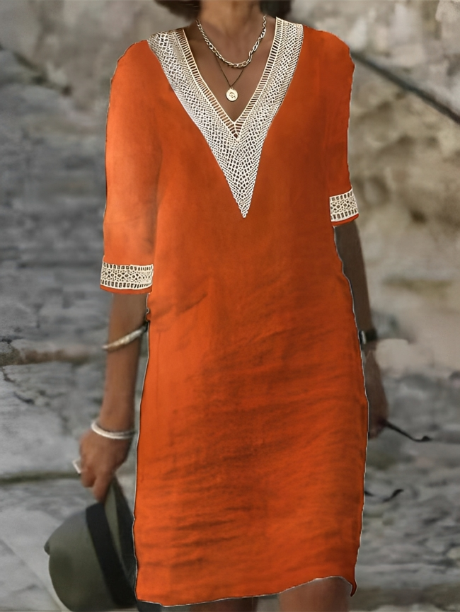 Linen Crochet Lace V-neck Dress